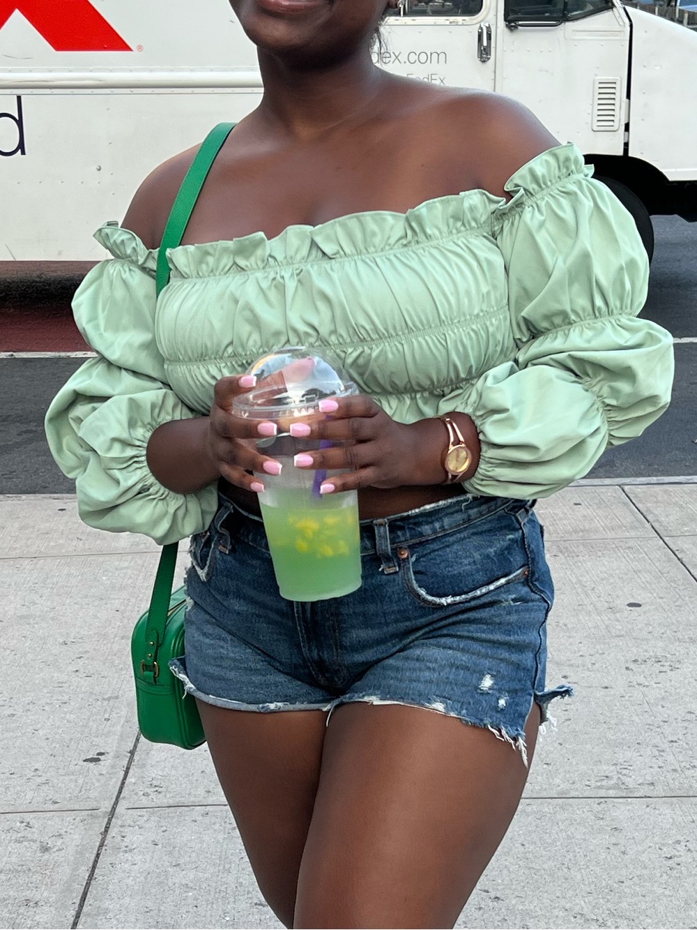 Off-Shoulder Ruched Crop Top - Sage Green - Picture 2 of 4